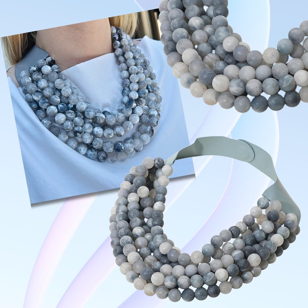NEW Stunning Marble Effect Beaded 7-Strand Bib Statement Boho Blue Grey Necklace
